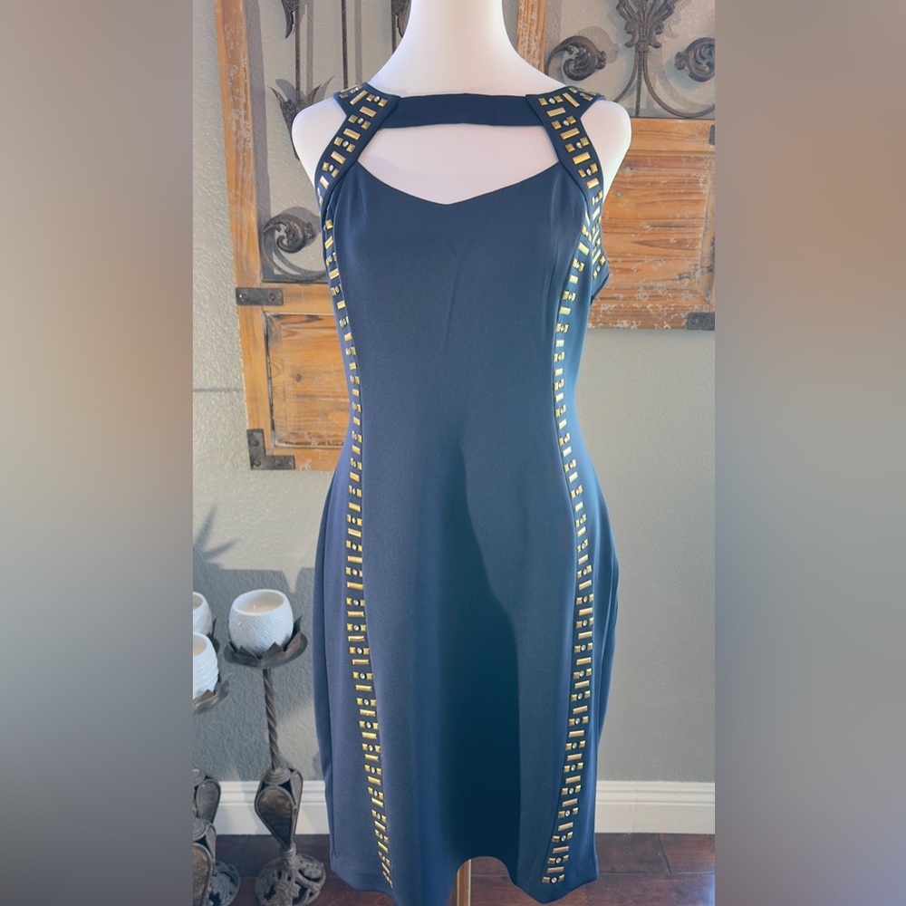 NWOT Thalia Navy Brass Rhinestone Studded Sleeveless Scoop Neck Sheath Dress -14